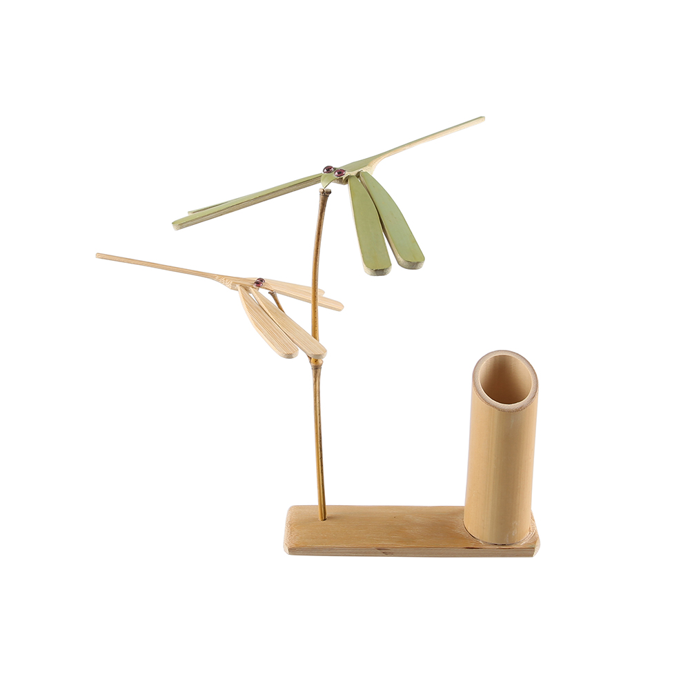 Natural Bamboo Dragonfly Desktop Decoration with Small Pen Holder Stand