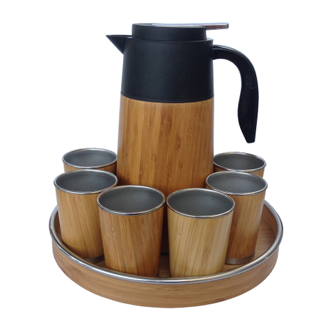 Bamboo Tea Coffee Set with Cups Kettle Tray