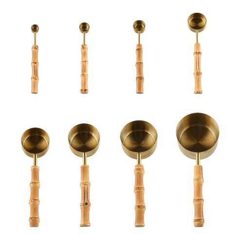 Bamboo Root Handle Stainless Steel Measuring Spoons Cups Set