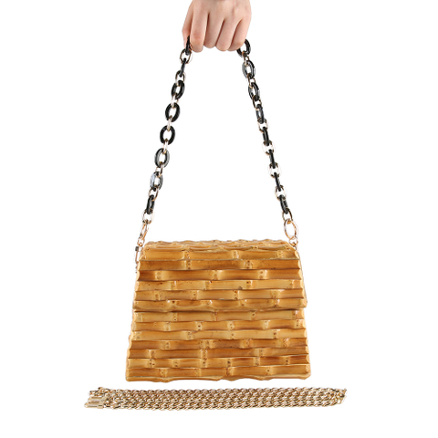 Geometric Trapezoid Shape Bamboo Root Shoulder Crossbody Bag Purse