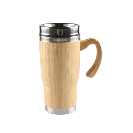 Stainless Steel Bamboo Insulated Vacuum Car Cup Travel Auto Mug with Handle Lid